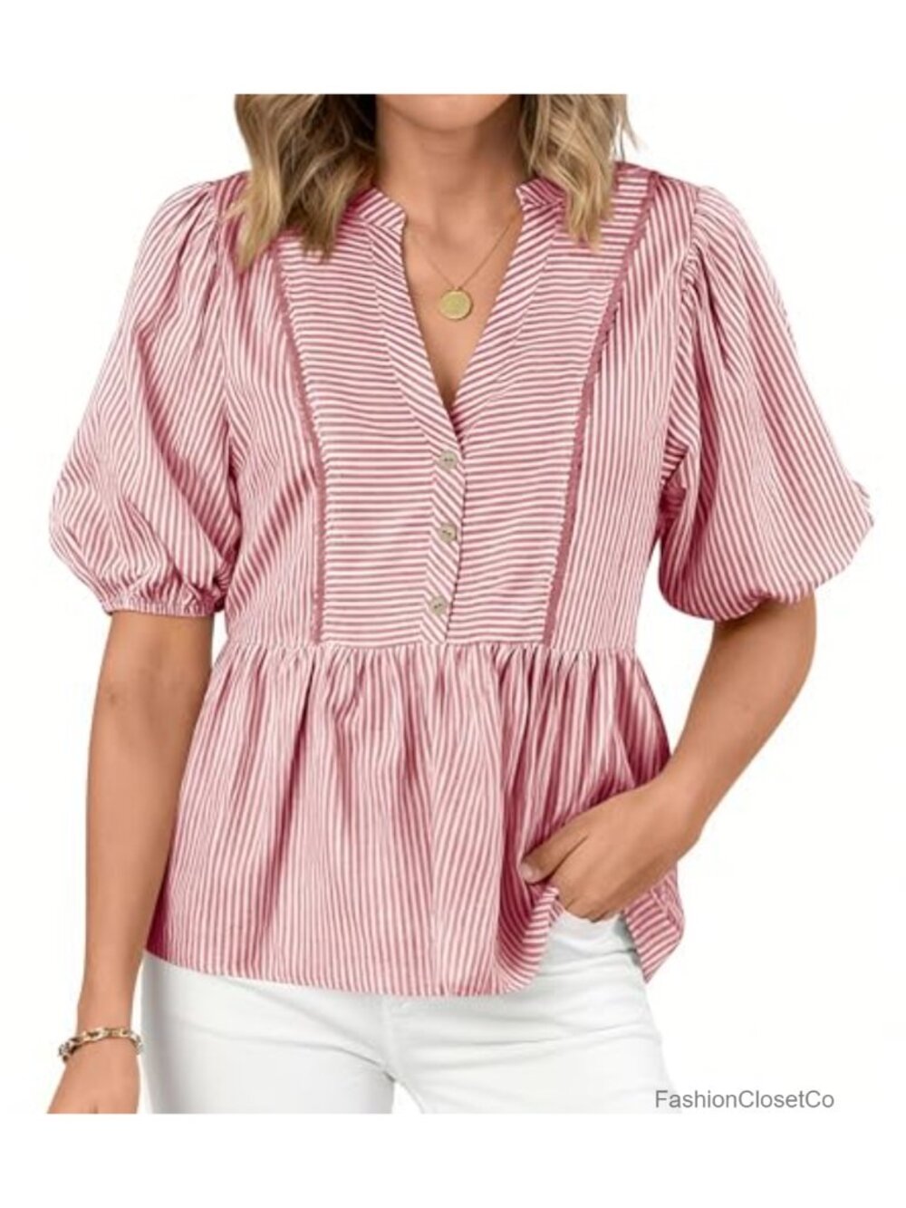 Women's Lantern Sleeve Striped Babydoll Top - V-Neck Button Up Blouse - Boho